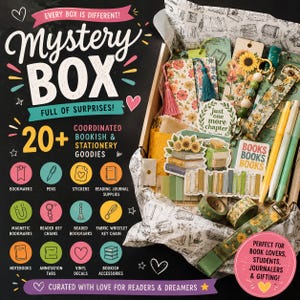 May include: A mystery box containing over 20 bookish and stationery items, including floral bookmarks with tassels, sunflower-themed keychains, pens, washi tape, and stickers with book illustrations and the text just one more chapter.