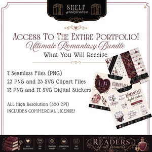 May include: Digital art bundle with the text "Ultimate Romantasy Bundle". Includes PNG and SVG clipart files, digital stickers, and seamless files. High resolution, commercial license. Features a heart, sword, and dragon illustrations.
