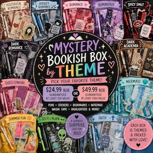 May include: A collection of themed mystery bookish boxes featuring various stationery items including pens, stickers, bookmarks, notepads, and washi tape. The central circular sign displays the text Mystery Bookish Box by Theme with pricing options.