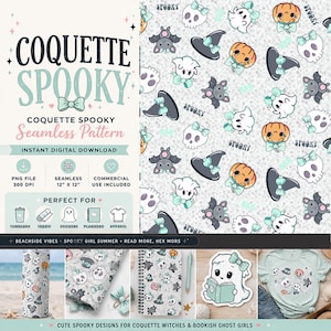 Ghost Girl Summer Seamless PNG, Ciquette Halloween Pattern, Mint Spoky Cute Digital Paper, Pastel Summerween Print