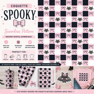 May include: A digital seamless pattern featuring a black and pink checkered background with repeating illustrations of small grey bats and pink bows. The design includes text reading COQUETTE SPOOKY and displays examples on a tumbler, fabric, notebook, and t-shirt.