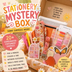 May include: A stationery mystery box containing over 20 items including colorful pens, markers, floral patterned bookmarks, a keychain, stickers, a reading log, and adhesive tabs. The box interior features text stating, Every box is different & made to brighten your day!
