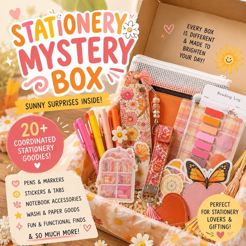 May include: A stationery mystery box containing over 20 items including colorful pens, markers, floral patterned bookmarks, a keychain, stickers, a reading log, and adhesive tabs. The box interior features text stating, Every box is different & made to brighten your day!