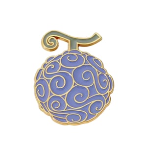 May include: A gold-colored metal pin with a purple and gold design. The pin is shaped like a fruit with a stem and has a swirling pattern.