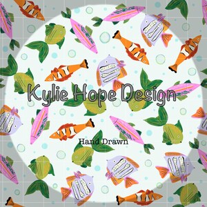 May include: A repeating pattern of colorful fish in shades of orange, pink, green, and purple, with green bubble accents. The text "Kylie Hope Design" and "Hand Drawn" are also visible.