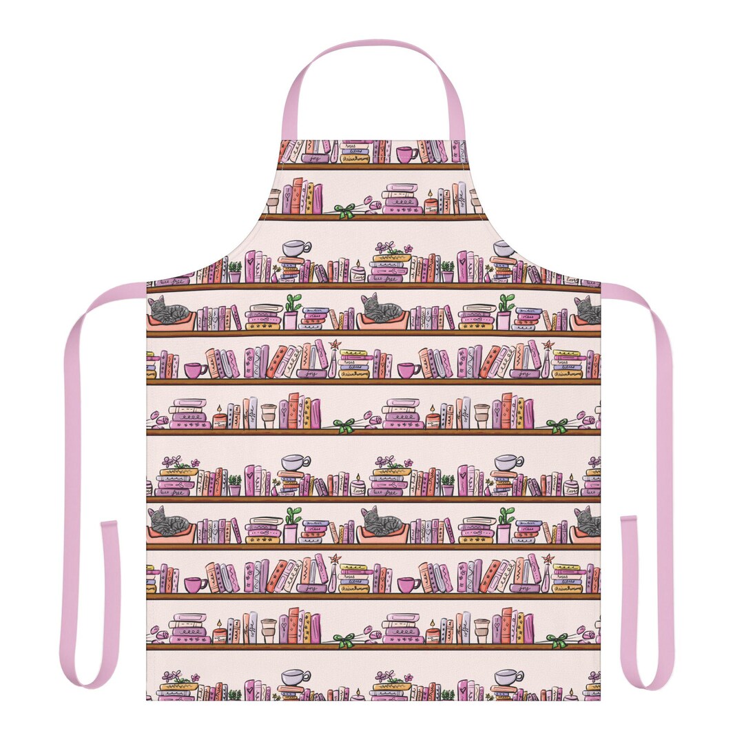 Library Apron Pink Bookshelf Apron: Whimsical Cat & Book Lover Gift - Etsy
