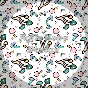 May include: A repeating pattern of whimsical mushrooms in shades of pink, teal, and purple, with brown stems and gold accents, set against a light grey background. The design includes small star shapes and the text "Kylie Hope Design" and "Hand Drawn".