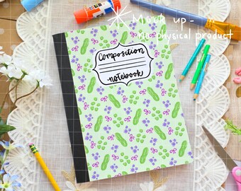May include: A composition notebook with a light green cover, patterned with green pickles, purple flowers, and pink bows. The notebook has a black spine and the words "Composition notebook" in a decorative frame.