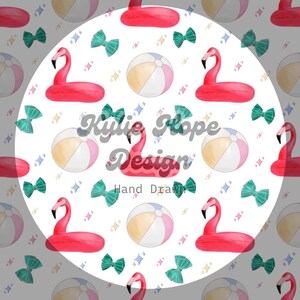 May include: A repeating pattern featuring pink flamingo pool floats, beach balls, and teal bows on a white background. The design includes sparkling star accents and the text "Kylie Hope Design Hand Drawn".