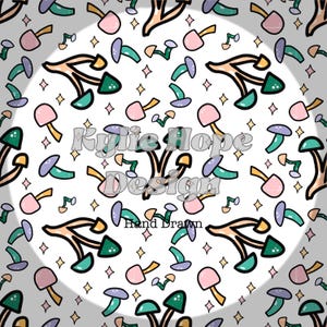 May include: A repeating pattern of cartoon mushrooms in pink, green, and purple with gold stems and star accents. The text "Kylie Hope Design" and "Hand Drawn" are also present.