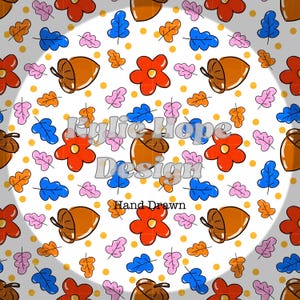 May include: A repeating pattern featuring orange acorns, red flowers, blue and pink leaves, and yellow dots on a white backdrop. The text "Kylie Hope Design" and "Hand Drawn" are also visible.