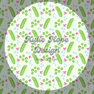 May include: A repeating pattern of green pickles, pink bows, and blue floral accents on a light green background. The design includes the text "Kylie Hope Design" and "Hand Drawn" in a circular layout.