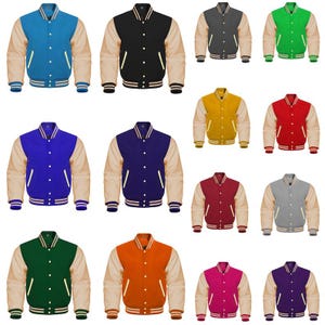 May include: A selection of letterman jackets in a variety of colours, such as blue, black, grey, green, yellow, red, and orange. Each jacket has tan sleeves, a button-up front, and striped cuffs and hem.