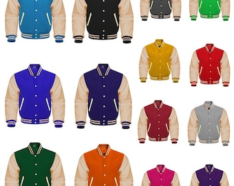 Varsity Letterman Jacket Wool Body & Real Leather Sleeves | Men Women Kids Bomber Baseball College High School Style Coat