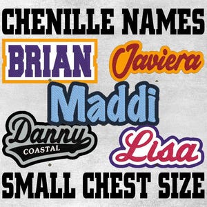 May include: Image features chenille name patches in various colors and fonts. Names include Brian, Javier, Maddi, Danny, and Lisa. Text at the top reads "CHENILLE NAMES" and at the bottom "SMALL CHEST SIZE".