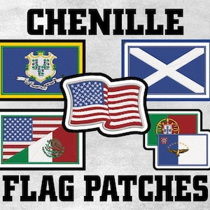 Op de afbeelding: Geborduurde chenille vlagpatches met de vlaggen van de VS, Schotland, Portugal en Mexico. De patches tonen gedetailleerde ontwerpen en levendige kleuren. De tekst "CHENILLE" en "FLAG PATCHES" zijn in vette zwarte letters.
