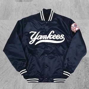 New York Yankees 90s Blue Satin Varsity Jacket | MLB Bomber Letterman Jacket | Custom Baseball Team Jacket | Retro Sports Fan Gift