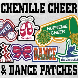 May include: Chenille cheer and dance patches in various shapes and colors. Includes a megaphone, ballet shoes, pom-poms, and a dancer silhouette. Text includes "CHENILLE CHEER", "STUNT TEAM", "DANCE", "VARSITY CHEER", and "All-Stars 2023".