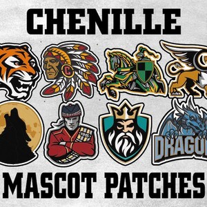 Könnte beinhalten: Chenille-Maskottchen-Patches mit einem Tiger, einem indianischen Häuptling, einem Ritter zu Pferd, einem Greif, einem heulenden Wolf, einem Soldaten, einem König und einem Drachen. Das Wort "DRAGONS" ist auf einem Patch zu sehen. Die Patches sind in verschiedenen Farben.