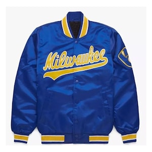 Milwaukee Brewers Royal Blue Satin Varsity Jacket | MLB Bomber Letterman Jacket for Men & Women | Custom Baseball Team Jacket