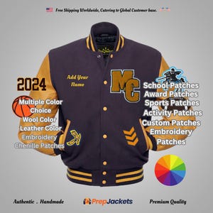 May include: A navy blue and gold letterman jacket with the text "MC" and "2024". Features include multiple color choices, wool and leather options, embroidery, and chenille patches. Includes school, award, sports, and custom patches.