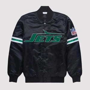 New York Jets Black Satin Varsity Jacket | NFL Bomber Letterman Jacket for Men & Women | Embroidered Football Team Jacket | Unisex Fan Gift