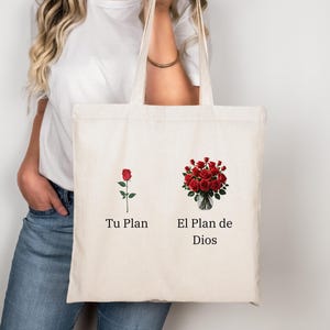 El Plan de Dios Roses Tote Bag, Spanish Faith Tote, Christian Bag, Religious Gift, Biblia Quote Bag, Mujer de Fe Gift, Rose Canvas Tote