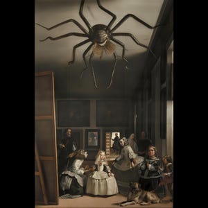 Könnte beinhalten: Ein Gemälde, das eine Gruppe von Menschen in einem Raum mit einer großen Spinne zeigt, die von der Decke hängt. Die Spinne hat einen bedrohlichen Ausdruck und ist von Gemälden an den Wänden umgeben. Die Menschen auf dem Gemälde sind in Kleidung aus dem 17. Jahrhundert gekleidet und scheinen die Spinne anzusehen.