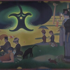 May include: A painting depicting a group of people picnicking in a park. The scene is dominated by a large, dark green tree with a swirling, glowing green center. The people are dressed in early 20th-century clothing and are sitting on the grass under the tree. There is a dog and a cat in the foreground.