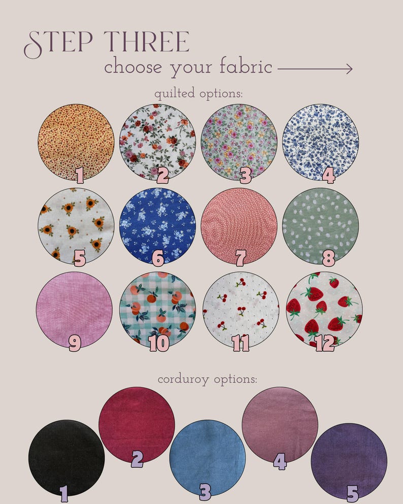May include: Image showing fabric options for selection. The text reads "STEP THREE choose your fabric". Quilted options include floral, polka dot, and fruit patterns. Corduroy options are also displayed in various colors.