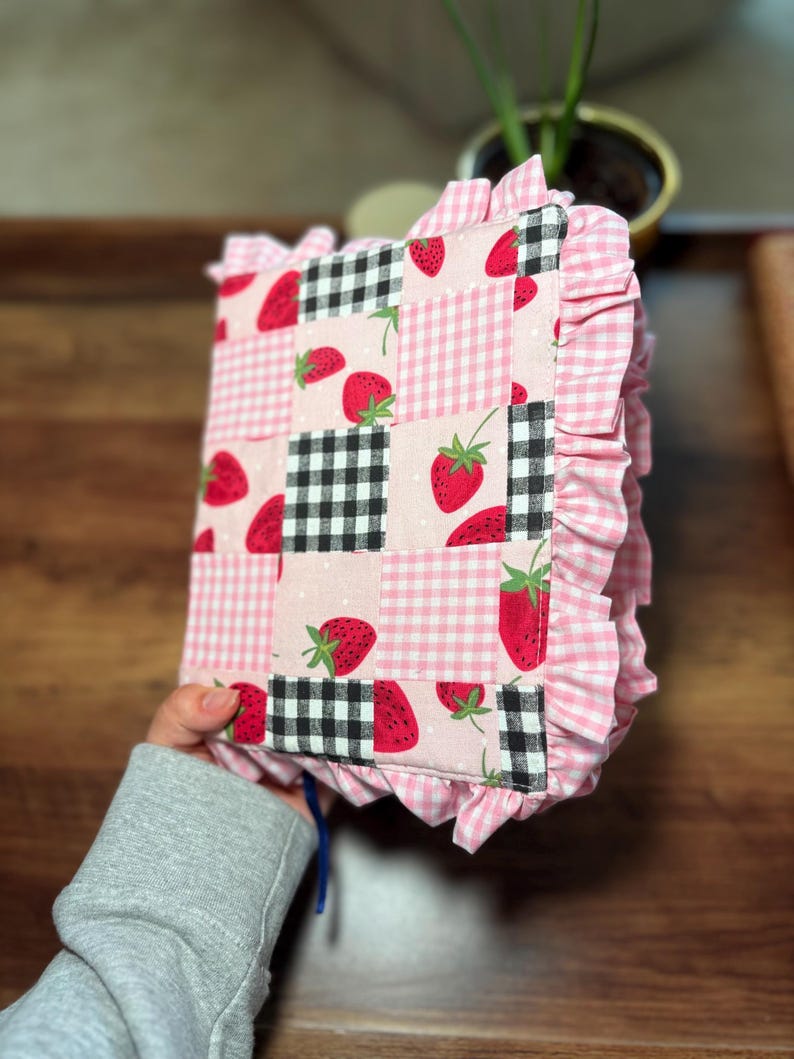 Handmade Bible Cover | Quilted, Patchwork, Corduroy | Customizable Fabric and Ruffles | Book, Diary Cover | Strawberry, Gingham