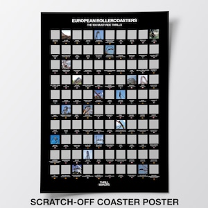 May include: Black scratch-off poster titled "European Rollercoasters: The 100 Must-Ride Thrills." The poster features a grid of small, gray boxes, each representing a roller coaster. The words "Thrill Makers" and "Scratch-Off Coaster Poster" are at the bottom.