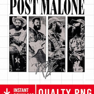 May include: Black and white image of Post Malone with his signature. The image is divided into three sections, each featuring a different pose of Post Malone. The image is on a white background with a grid pattern.
