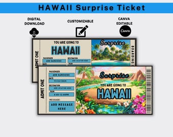 Boleto sorpresa para Hawái, boleto imprimible para un viaje sorpresa a Hawái, boleto para un viaje a Hawái, boleto con tarjeta de embarque para Hawái, boleto personalizado.