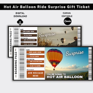 Heißluftballon-Überraschungsgeschenkkarte, druckbare Heißluftballonfahrt-Gutschein, bearbeitbare Ereigniskartenvorlage, Überraschungsreisekarte