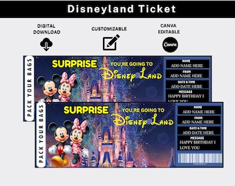 Disneyland Ticket, Surprise Disneyland Ticket, Disneyworld Ticket, Theme Park Ticket, Surprise Ticket Gift, Birthday Gift, Edit in Canva