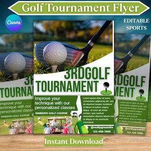May include: A green and white flyer advertising a 3rd golf tournament. The flyer features a golf club and golf ball, and text that reads "3rd Golf Tournament". The flyer also includes information about improving your golf technique with personalized classes at the Rimberio Golf Course.