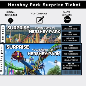 Hershey Park Surprise Ticket Template,  Printable Hersheypark Boarding Pass Template, Surprise Gift Ticket, Canva Template, Instant Download