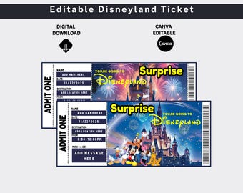 Editable Disneyland Ticket, Surprise Reveal Editable Ticket, Theme Park Ticket, Disneyworld Ticket, Disneyland Ticket For Gifting