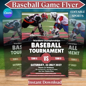 May include: Baseball game flyer with a red and white arrow banner at the top. The flyer features baseball players in action, with the text "Baseball Tournament" and "Saturday, 22 July 2027". Includes "Instant Download" text.
