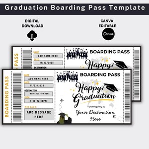 Modèle de carte d'embarquement pour l'obtention du diplôme, billet cadeau surprise pour l'obtention du diplôme imprimable, modèle de toile de bon de voyage senior classe 2025, cadeau de remise des diplômes