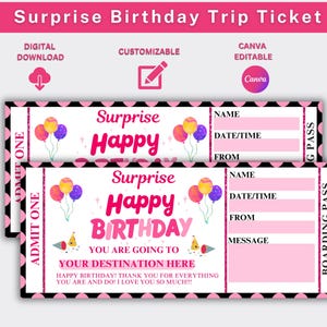 Überraschungs-Geburtstagsreise-Karte, Überraschungsreise-Offenbarung, Überraschungsreise-Karte, Geburtstags-Gutschein, Ticket-Vorlage, Jubiläumsgeschenk, Reise-Gutschein
