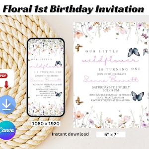 Editable Floral 1st Birthday Invitation, Wildflower Birthday Party Invite, Birthday Decor, Pink Floral, Instant Download