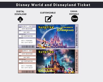 Disney World And Disneyland Ticket ,Surprise Reveal Ticket Gift, Theme Park Ticket, Canva Editable Ticket Template, Birthday Gift,