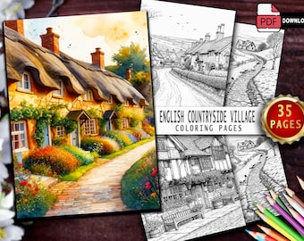 Kleurboek Engels dorp | 35 Countryside Cottage-kunstpagina's (afdrukbare pdf)