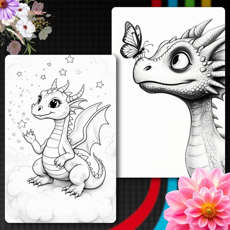 May include: Two black and white line art illustrations featuring a dragon. One shows a dragon sitting on clouds surrounded by stars. The other shows a close-up of a dragon head with a butterfly perched on its nose, rendered in a pencil sketch style.
