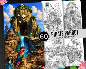 60 Pirate Parrot Coloring Pages, Tropical Adventure, Printable PDF (Digital Download)