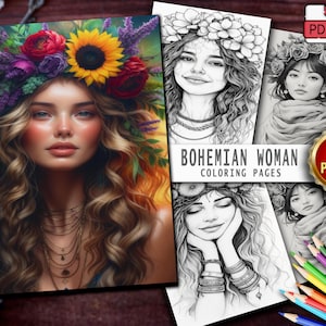 50 Bohemian Woman Coloring Pages – Printable Digital Download PDF | Boho Grayscale Coloring Book for Adults & Kids | Mindful Art Therapy