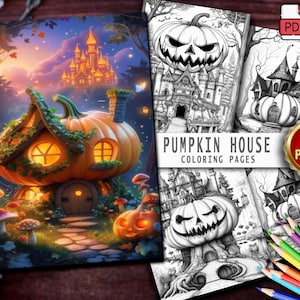 50 Pumpkin House Coloring Book for Adults | Halloween Grayscale Pages | Fantasy Pumpkin Houses | Instant PDF Digital Download.