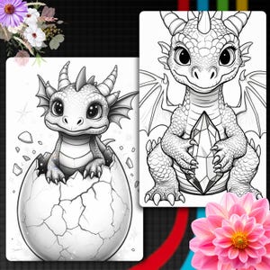 May include: Two black and white line art illustrations featuring a baby dragon. One image shows a dragon hatching from a cracked egg, while the other depicts a dragon holding a large, faceted crystal. Both drawings feature detailed scales.